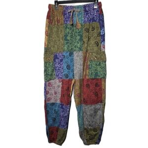 Pull On Mushroom Patchwork Multicolor Joggers Size XLarge 100% Wool Boho Hippie